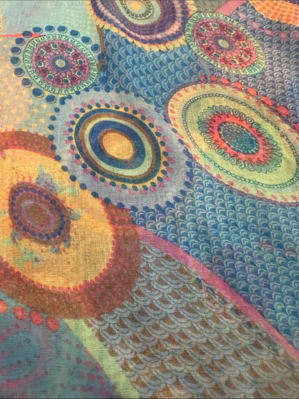 Colorful Circular Pattern Lightweight Infinity Scarf - Blue & Orange - Picture 4 of 6
